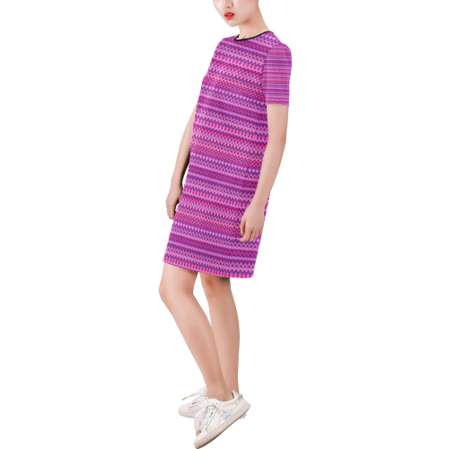 Multicolored wavy pattern Short-Sleeve Round Neck A-Line Dress (Model D47)