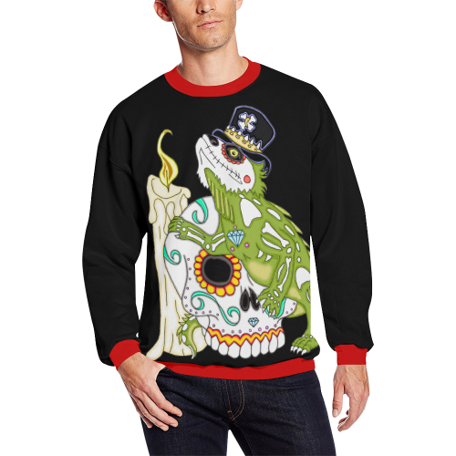 Iguana Sugar Skull Black/Red All Over Print Crewneck Sweatshirt for Men (Model H18)