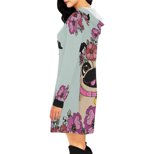 Pug Flower All Over Print Hoodie Mini Dress (Model H27)