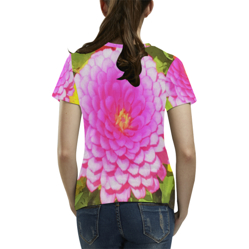 Pretty Round Pink Zinnia in the Garden All Over Print T-Shirt for Women (USA Size) (Model T40)
