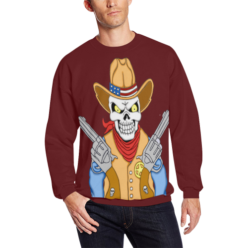 Sheriff Cowboy Sugar Skull Burgundy All Over Print Crewneck Sweatshirt for Men (Model H18)