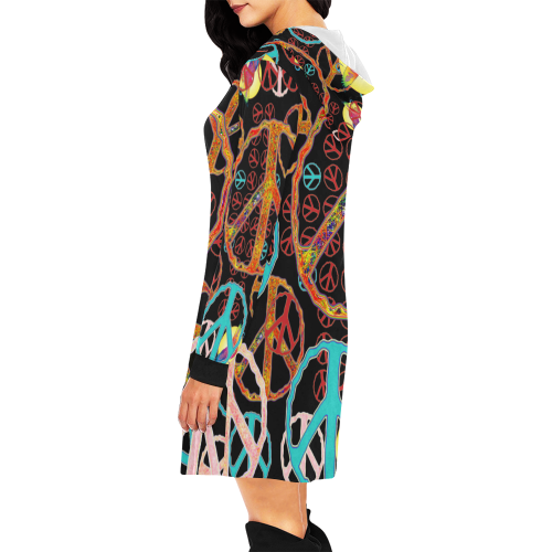 Peace Print on Black by Aleta All Over Print Hoodie Mini Dress (Model H27)