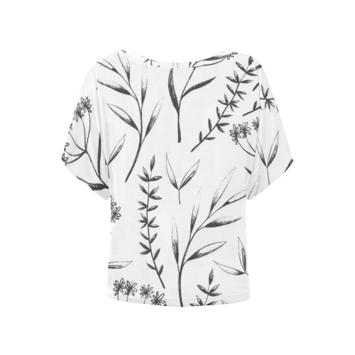 black white flowers Women's Batwing-Sleeved Blouse T shirt (Model T44)
