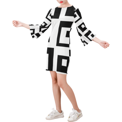 Black & White Cubes Bell Sleeve Dress (Model D52)