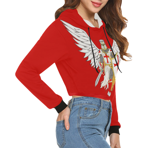 Knights Templar Angel Red All Over Print Crop Hoodie for Women (Model H22)
