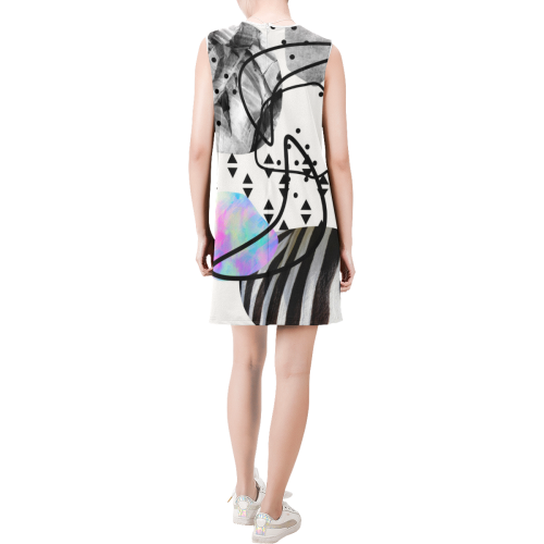 minimal art Sleeveless Round Neck Shift Dress (Model D51)