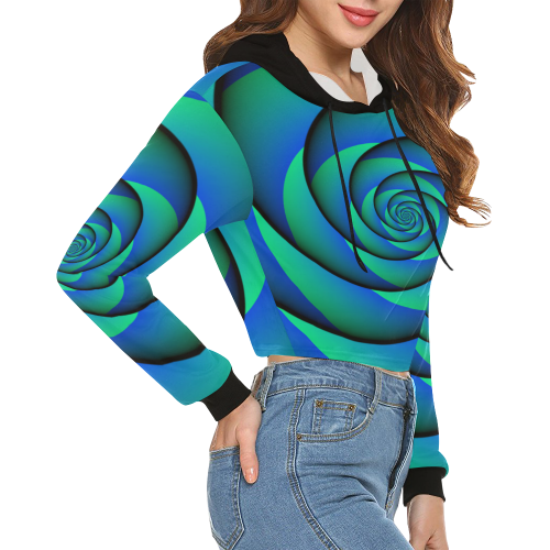 POWER SPIRAL - WAVES blue green All Over Print Crop Hoodie for Women (Model H22)