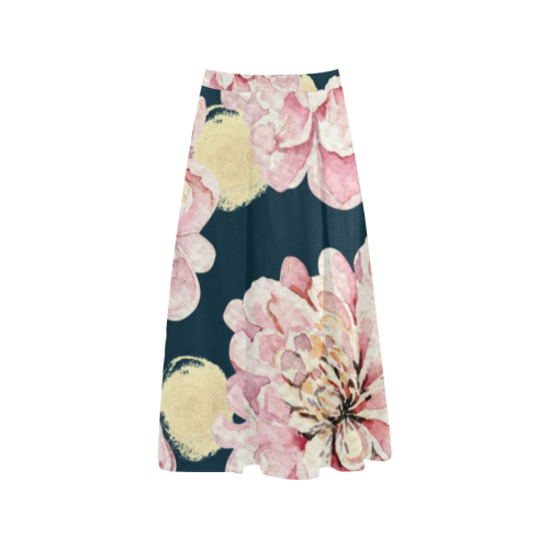 Watercolor Flowers Pink Teal Yellow Aoede Crepe Skirt (Model D16)