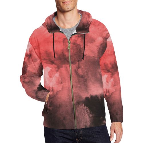 Red and Black Watercolour All Over Print Full Zip Hoodie for Men/Large Size (Model H14)