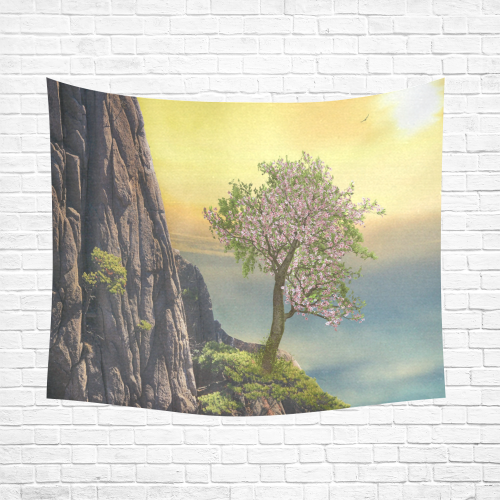 Mountain And A Cherry Tree Cotton Linen Wall Tapestry 60"x 51"