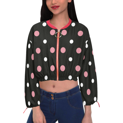 BLACK WITH PINK AND W2HITE DOTS Cropped Chiffon Jacket for Women (Model H30)