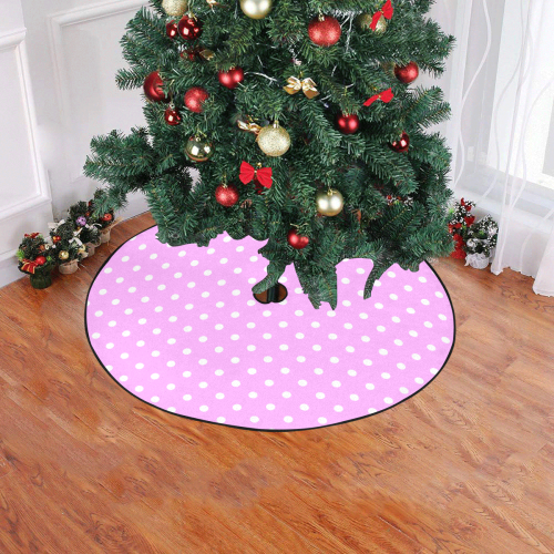 Polka Dots White on Pink Christmas Tree Skirt 47" x 47"