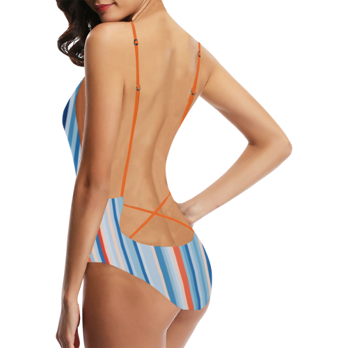 Blue and coral stripe 1 Sexy Lacing Backless One-Piece Swimsuit (Model S10)