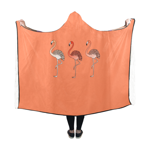 Living Coral Color Flamingos Hooded Blanket 60''x50''