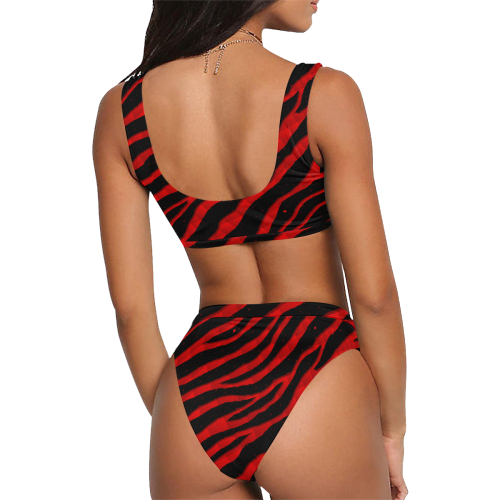 Ripped SpaceTime Stripes - Red Sport Top & High-Waisted Bikini Swimsuit (Model S07)