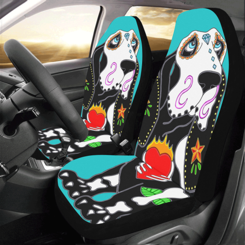Basset Hound Sugar Skull Turquoise Car Seat Covers (Set of 2)