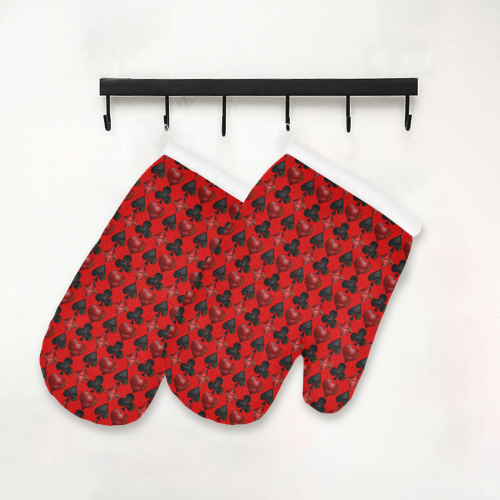 Las Vegas Black and Red Casino Poker Card Shapes on Red Oven Mitt (Two Pieces)