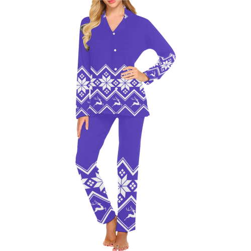 Christmas Reindeer Snowflake Blue Women's Long Pajama Set