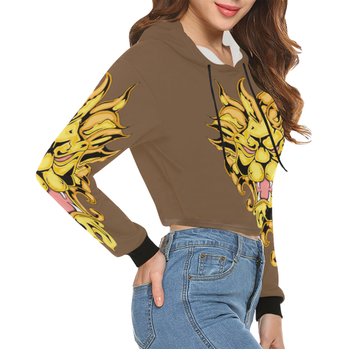 Gold Metallic Lion Brown All Over Print Crop Hoodie for Women (Model H22)