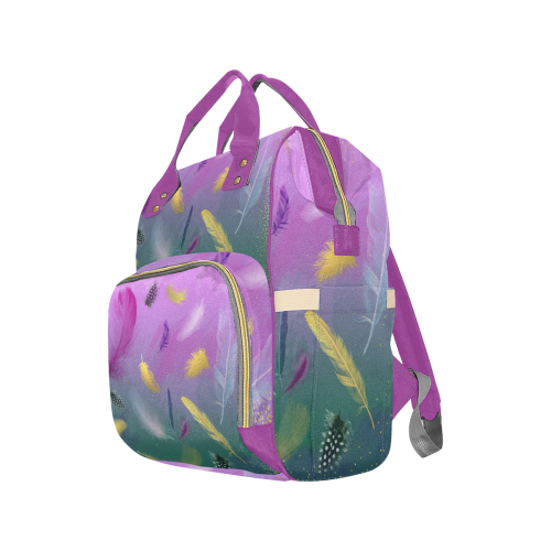 Dancing Feathers - Pink and Green Multi-Function Diaper Backpack/Diaper Bag (Model 1688)