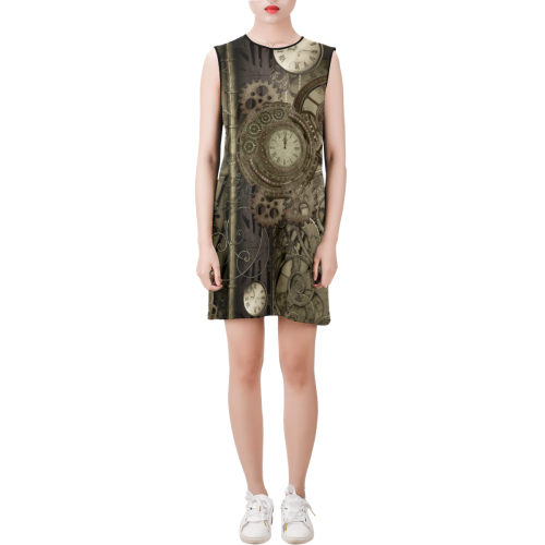 Awesome steampunk design Sleeveless Round Neck Shift Dress (Model D51)