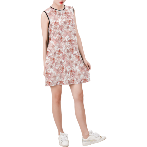 Sakura Cherry Blossom Sleeveless Round Neck Shift Dress (Model D51)