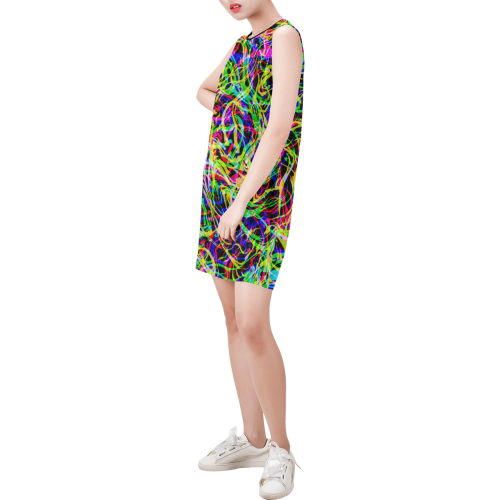 colorful abstract pattern Sleeveless Round Neck Shift Dress (Model D51)