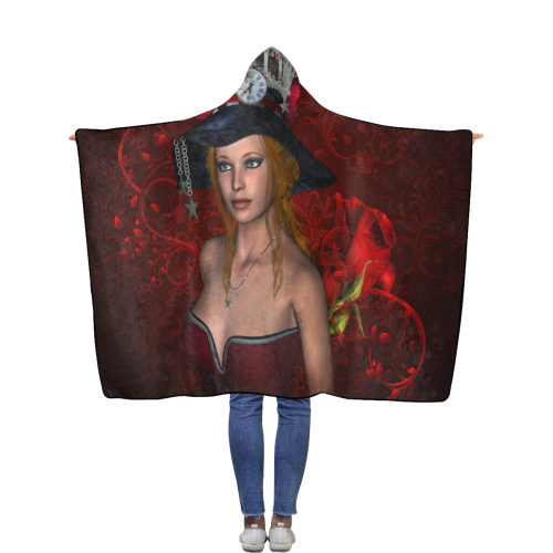 Beautiful steampunk lady, awesome hat Flannel Hooded Blanket 50''x60''