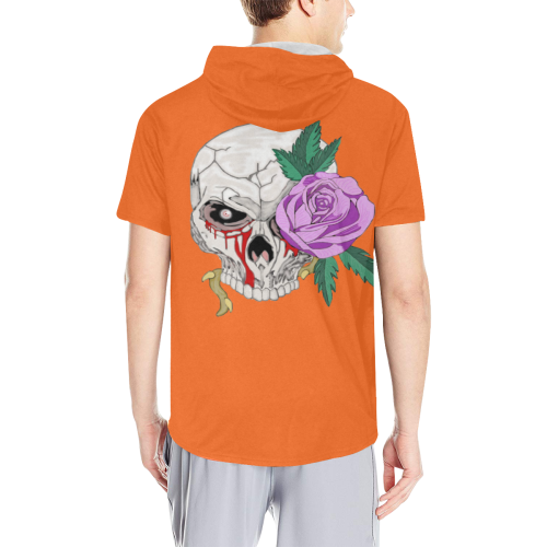 Skull Rose Pink Orange All Over Print Short Sleeve Hoodie for Men (Model H32)