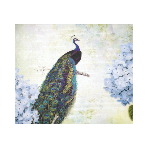 blue peacock and hydrangea Cotton Linen Wall Tapestry 60"x 51"