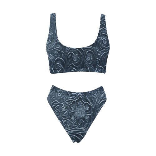 Embossed Blue Flowers Sport Top & High-Waisted Bikini Swimsuit (Model S07)