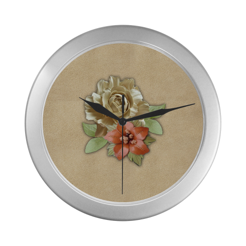 Leather flower decor Silver Color Wall Clock