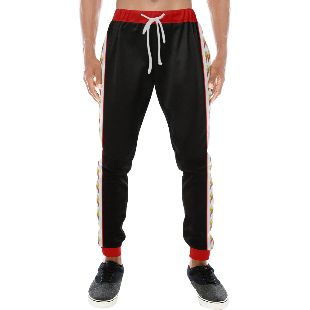 all red joggers