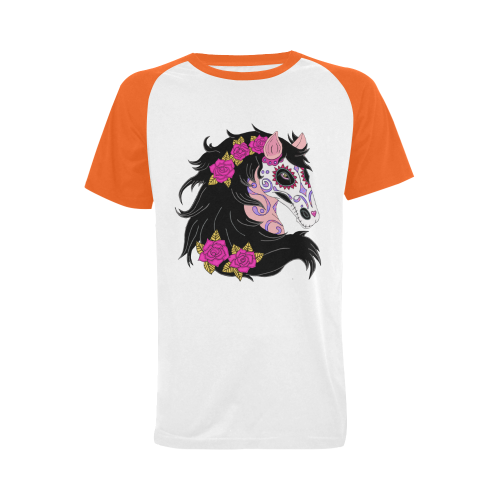 Sugar Skull Horse Pink Roses Orange Men's Raglan T-shirt (USA Size) (Model T11)