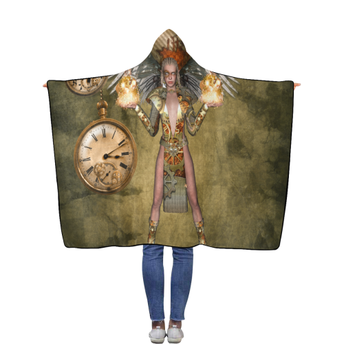 Steampunk lady with clocks and gears Flannel Hooded Blanket 50''x60''