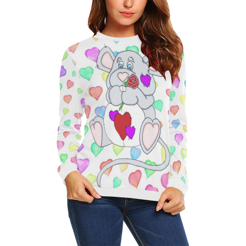 Pastel Hearts Valentine Mouse White All Over Print Crewneck Sweatshirt for Women (Model H18)
