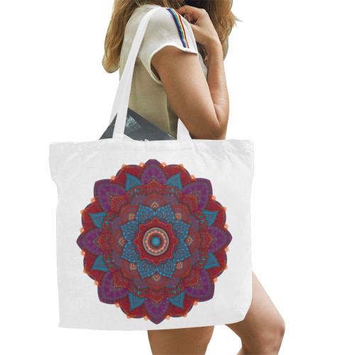 3D Mandala in Teal Blue and Purple with Red Lace Canvas Tote Bag/Large (Model 1702)