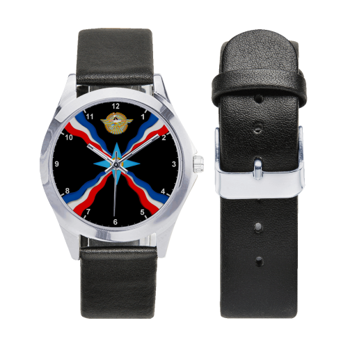 Assyrian Flag Unisex Silver-Tone Round Leather Watch (Model 216)