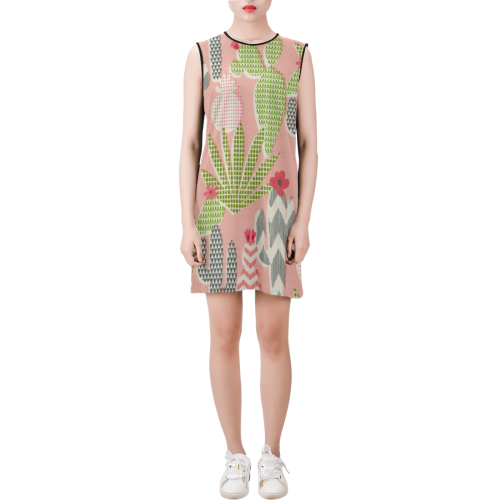Santa Fe Pink Crazy Cactus Sleeveless Round Neck Shift Dress (Model D51)