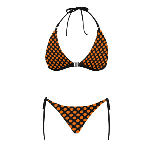 Orange Polka Dots on Black Buckle Front Halter Bikini Swimsuit (Model S08)