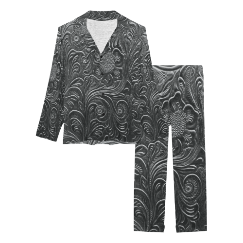 Embossed Silver Flowers Women's Long Pajama Set