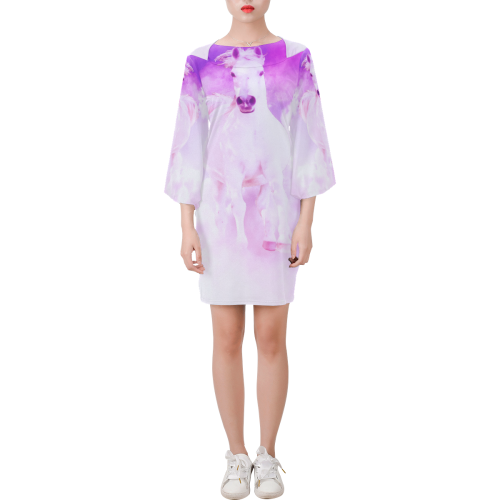 Girly Romantic Pink Horse In The Sky Bell Sleeve Dress (Model D52)