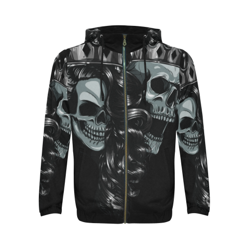 King Skulls Royal Family Black and White and Silver Hoodie All Over Print Full Zip Hoodie for Men/Large Size (Model H14)