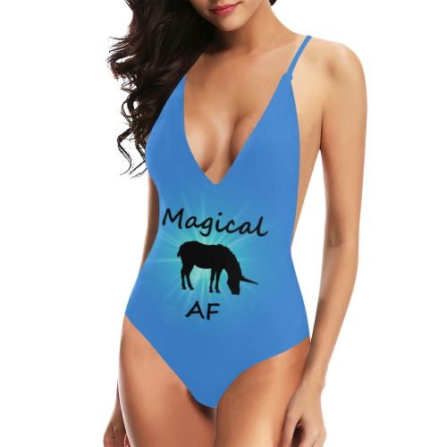 unicorn magical af blue Sexy Lacing Backless One-Piece Swimsuit (Model S10)