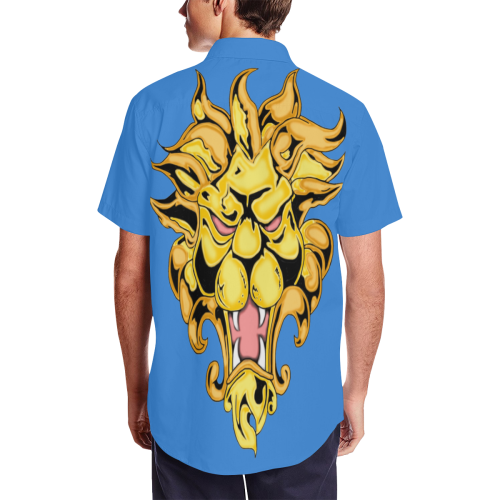 Gold Metallic Lion Blue Men's Short Sleeve Shirt with Lapel Collar (Model T54)