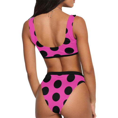 Black Polka Dots on Pink Sport Top & High-Waisted Bikini Swimsuit (Model S07)