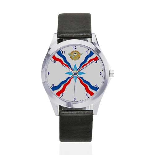 Assyrian Flag Unisex Silver-Tone Round Leather Watch (Model 216)