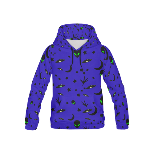 Alien Flying Saucers Stars Pattern on Blue All Over Print Hoodie for Kid (USA Size) (Model H13)