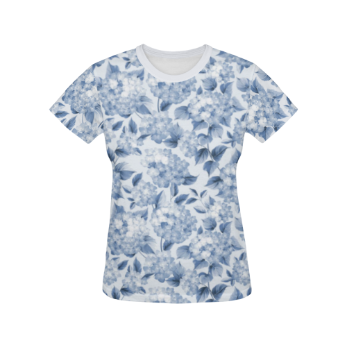 Blue and White Floral Pattern All Over Print T-shirt for Women/Large Size (USA Size) (Model T40)