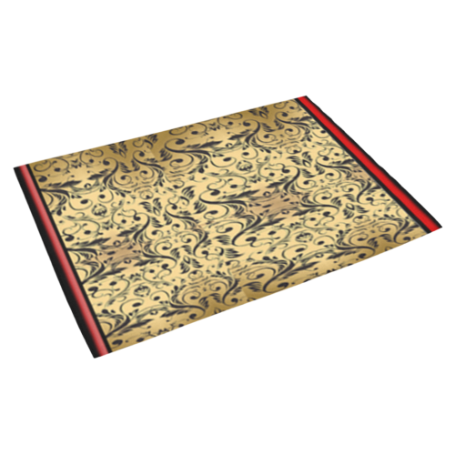 Fancy black swirls on gold background red trim azalea doormat 30 x 18 Azalea Doormat 30" x 18" (Sponge Material)